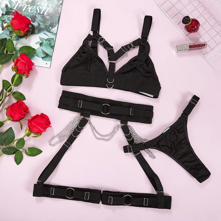 European And American Nightclubs Spice Girl Metal Chain Sexy Lingerie Three Piece Women's Set 23367