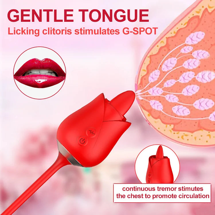 2 In 1 Rose Toy Tongue Licking Rose Vibrator With Telescopic Bullet