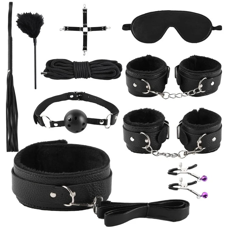 Sm Adult Sex Goods Leather Plush 10-piece Suit Handcuffs Alternative Binding Couples