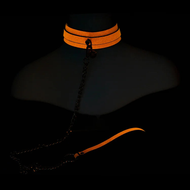 Luminous Pu Leather Chain Collar With Leash Bdsm Bondage